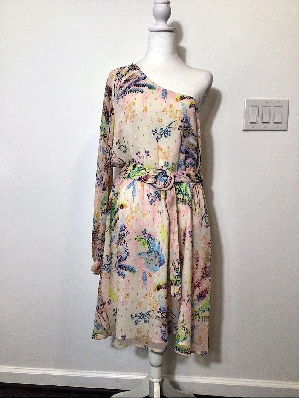 BTFL-LIFE Floral One-Shoulder MIDI Sheer Dress Pink & Cream Sz L  NWT